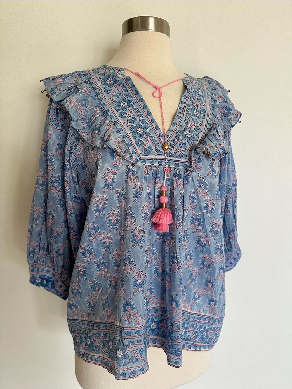 NEW BELL by ALICIA BELL Cotton + Silk Blouse Top Blue Pink Sz M